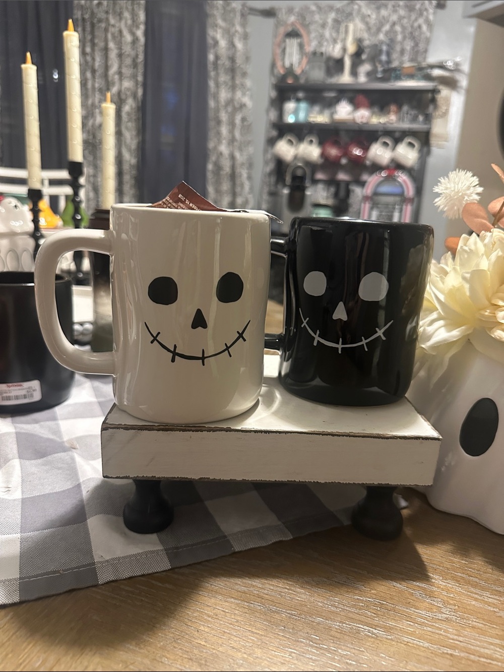 2 Rae Dunn White and Black Skull Face Mugs Set